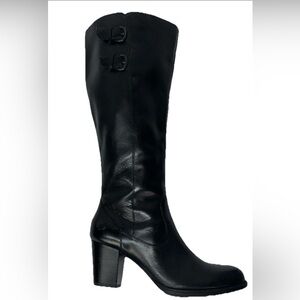Black leather Born zip up tall boots block heel buckle accent Size 7.5 M